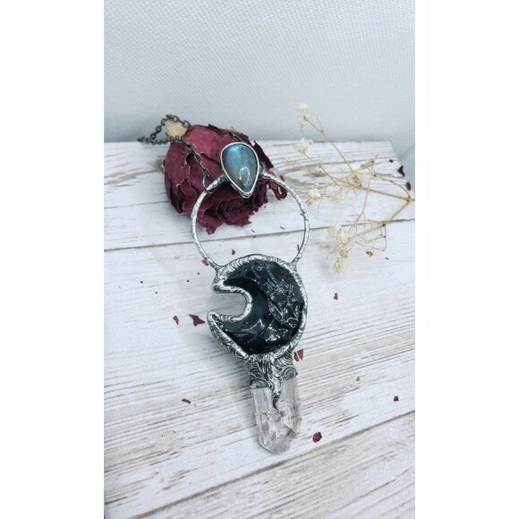 Labadorite and Obsidian Crystal Moon and kunzite crystal statement necklace - Picture 11 of 12